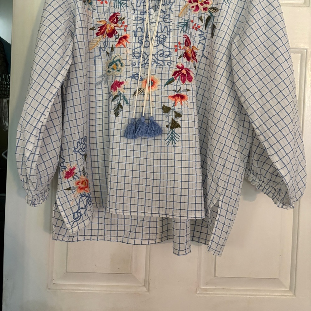 Johnny Was Blue Checkered Embroidered Top